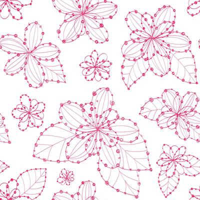 Hand drawn ink line flowers with dot pink color on white. Seamless pattern tender, gently, girly