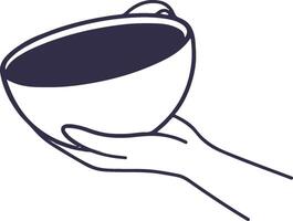 Line illustration of hand holding white cup with the drink. The palm supports bottom from below. Hand drawn icon vector