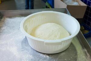 homemade baking concept dough expanding in a bowl during fermentation photo