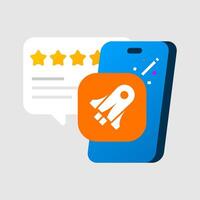 Illustration of smartphone screen displaying app icon with star ratings and user review section. for concepts such as app feedback, rate this app, user experience, and mobile application review vector