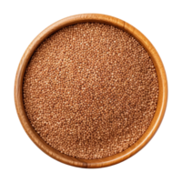 Organic teff seeds in a round wooden bowl viewed from top and placed on a transparent background png