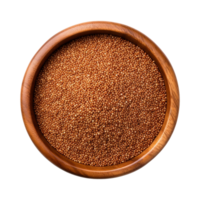 Natural brown teff in a rustic wooden bowl seen from above on transparent background for nutrition visuals png