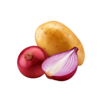 Whole potato with sliced onion on transparent background png