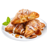 Three pastry pieces with caramel and nuts on a plate png