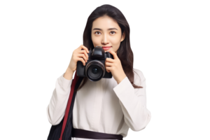 A beautiful woman holding a camera and posing for the camera png