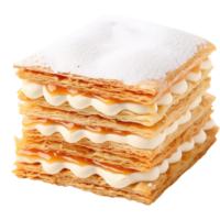 A stack of pastry with cream and sugar on top. png