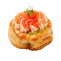 A pastry with salmon and cream on top. png