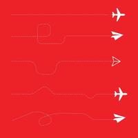 Airplane and hand drawn paper routes. Travel icon and dotted line tracing collection. red background vector