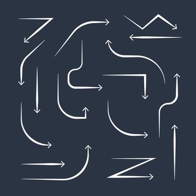 Hand drawn organic arrow set. Hand drawn arrow icons dash arrow set. sketch arrow design for business plan and education. Isolated arrows, hand drawn on a dark blue background
