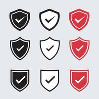 Shield icon set in vintage style. Protect shield security line icons. Badge quality symbol, sign, logo or emblem. red color vector
