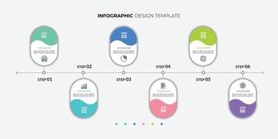 Business infographic template. 6 Step timeline journey. Process diagram milestone 6 option trend vector
