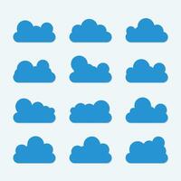 Flat cloud. Simple cloudy shapes. Cartoon white puffy, fluffy and cumulus clouds in blue sky. Abstract bubble comic weather elements vector
