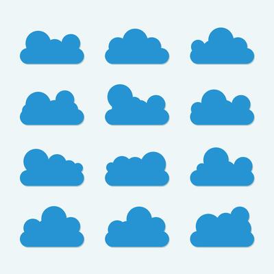 Flat cloud. Simple cloudy shapes. Cartoon white puffy, fluffy and cumulus clouds in blue sky. Abstract bubble comic weather elements
