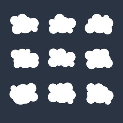 Flat cloud. Simple cloudy shapes. Cartoon white puffy, fluffy and cumulus clouds in blue sky with dark blue background