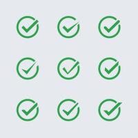 Check box icon with great buttons and yes check mark icons in green check. flat round buttons set. vector