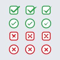 Right or wrong icons. Green tick and red cross checkmarks. Yes or no symbol, approved or rejected icon for user interface. vector