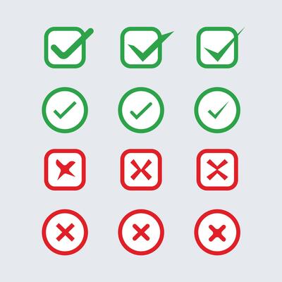 Right or wrong icons. Green tick and red cross checkmarks. Yes or no symbol, approved or rejected icon for user interface.