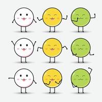 Cute kawaii dango cake character set. Japanese sweet dango cake cartoon dessert. Strong dango with muscles vector