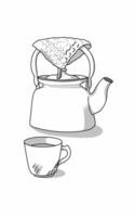 Classic kettle and coffee in beautiful cup line art drawing vector