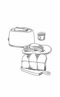Illustration of white bread and toaster line art sketch. Kitcen home Coloring page vector