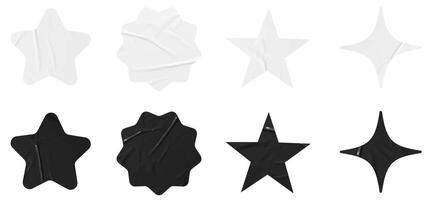 Set of black and white stars paper stickers mockup. Blank labels of different shapes, vector
