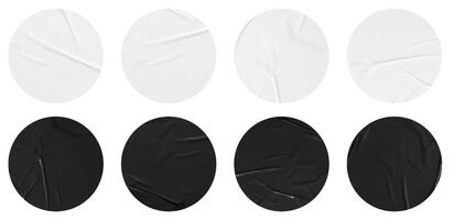 Set of black and white stickers mockup. Blank labels of different shapes, circle wrinkled paper emblems. Copy space. Stickers or patches for preview tags, labels vector
