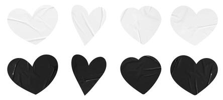 Set of hearts black and white stickers mockup. Blank labels of different shapes, Wrinkled paper emblems. Copy space. Stickers or patches for preview tags, labels vector