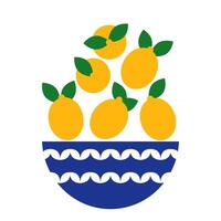 Vase with lemon drawn with simple shapes. Vintage Mediterranean bowl filled with lemons. Blue bowl, fancy Italian tableware. Perfect for kitchen decor, menu, packaging, pattern, card, poster design. vector