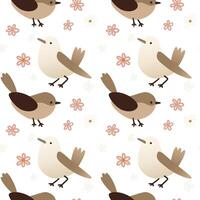 A seamless pattern featuring various small birds in shades of brown and cream, surrounded by simple floral elements in soft colors. Ideal for textile design. vector