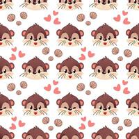 Seamless pattern of three cartoon otter faces showing different emotions, with elements of small shells and hearts. They show happiness, neutrality and curiosity. vector