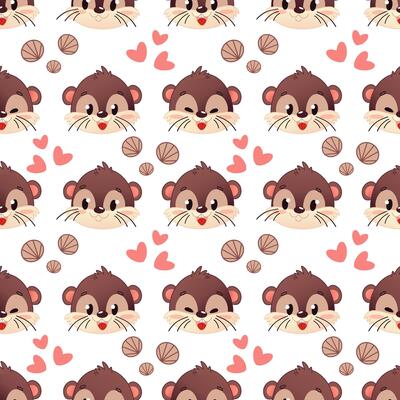 Seamless pattern of three cartoon otter faces showing different emotions, with elements of small shells and hearts. They show happiness, neutrality and curiosity.
