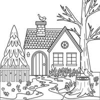 A cozy house with a chimney, surrounded by a tree, a pine tree, and flowers. A pathway leads to the door, with birds perched on the roof and tree. Doodle illustration for coloring vector