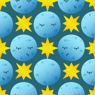 A repeating pattern of blue moons with closed eyes and yellow stars on a dark teal background. The design is playful and whimsical, suitable for various creative projects.