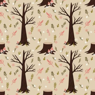 A seamless pattern featuring bare trees, stumps, and various leaves in soft colors on a beige background. The design is suitable for textiles and wallpapers.