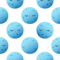 A repeating pattern of blue moons with closed eyes and eyelashes on a white background. The design is playful and whimsical, suitable for various creative projects, for children's themes or summer vector