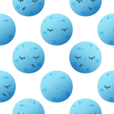 A repeating pattern of blue moons with closed eyes and eyelashes on a white background. The design is playful and whimsical, suitable for various creative projects, for children's themes or summer