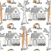 A seamless pattern featuring simple hand-drawn houses and trees. The houses have triangular roofs and windows. The trees are tall with bare branches and stumps. vector
