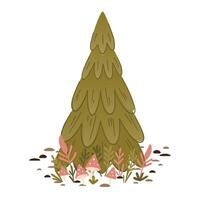 Composite image of a green pine tree with pink flowers growing underneath and fly agaric flowers among the comnies on a white background. The design is playful and inspired by nature. vector