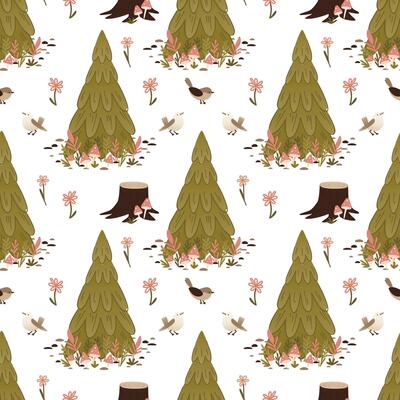Seamless pattern featuring green pine trees and brown stumps, pink flowers and small brown birds on a white background. The design is playful and inspired by nature.
