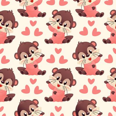 A cute pattern featuring cartoon otters with hearts. The otters are brown with light pink accents, smiling and waving. The background is a soft cream color.