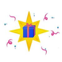 A colorful gift box with a ribbon sits at the center of a bright yellow star. Surrounding the star are festive confetti and streamers, creating a celebratory atmosphere. vector