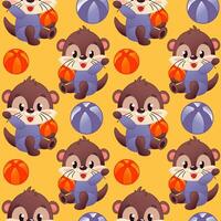 Seamless cute template featuring cartoon otters with orange beach balls. The otters are brown in color with purple costumes. The background is bright yellow color. vector