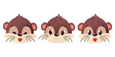 Three cartoon otter faces displaying different emotions. The otters have brown fur, round faces, and prominent whiskers. They exhibit happiness, neutrality, and curiosity. vector