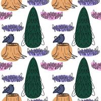 A seamless pattern featuring green trees, purple flowers, and a small bird perched on a tree stump. The design is colorful and nature-inspired. vector