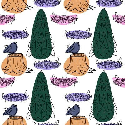 A seamless pattern featuring green trees, purple flowers, and a small bird perched on a tree stump. The design is colorful and nature-inspired.
