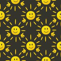 A repeating pattern of cheerful yellow suns with smiling faces and rays on a dark background. The design is playful and vibrant, suitable for various applications. vector