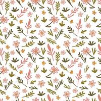 A seamless pattern of various flowers and leaves in soft pink, orange, and green colors on a white background. Ideal for fabric or wallpaper design. vector