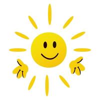 A cheerful yellow sun with a smiling face and rays extending outward. The design is simple and playful, suitable for children's themes or summer concepts. vector