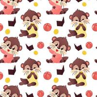 Seamless cute template featuring cartoon otters with shells, books and balls. The otters are brown in pink and yellow costumes on a white background. vector