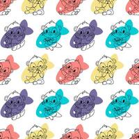 Seamless pattern of four cute otters in different playful poses on the background of four colorful fish. yellow, blue, red and purple. Each otter has a different facial expression and does different vector